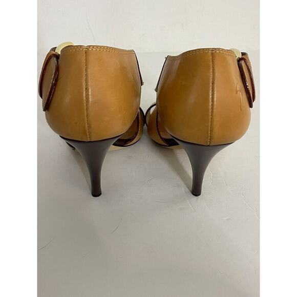 Giuseppe Zanotti 37 7 Heels Camel Tan Leather Sandals Open Toe Ankle Strap Pump - Picture 8 of 8